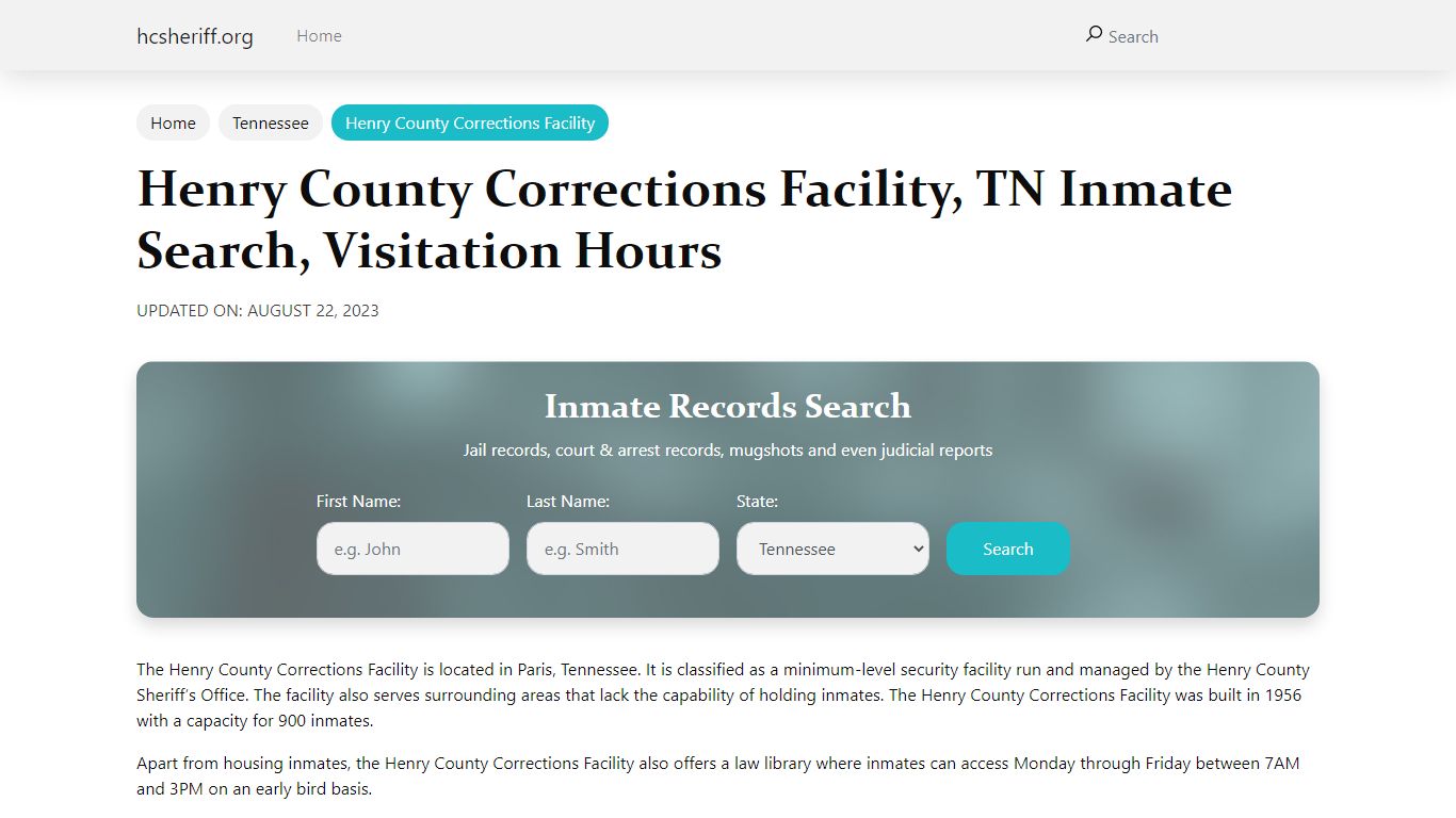 Henry County Corrections Facility, TN Inmate Search, Visitation Hours